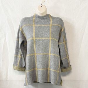 Tahari Gray and Mustard‎ Yellow Plaid Womens Sz Med Funnel Neck Sweater Pullover